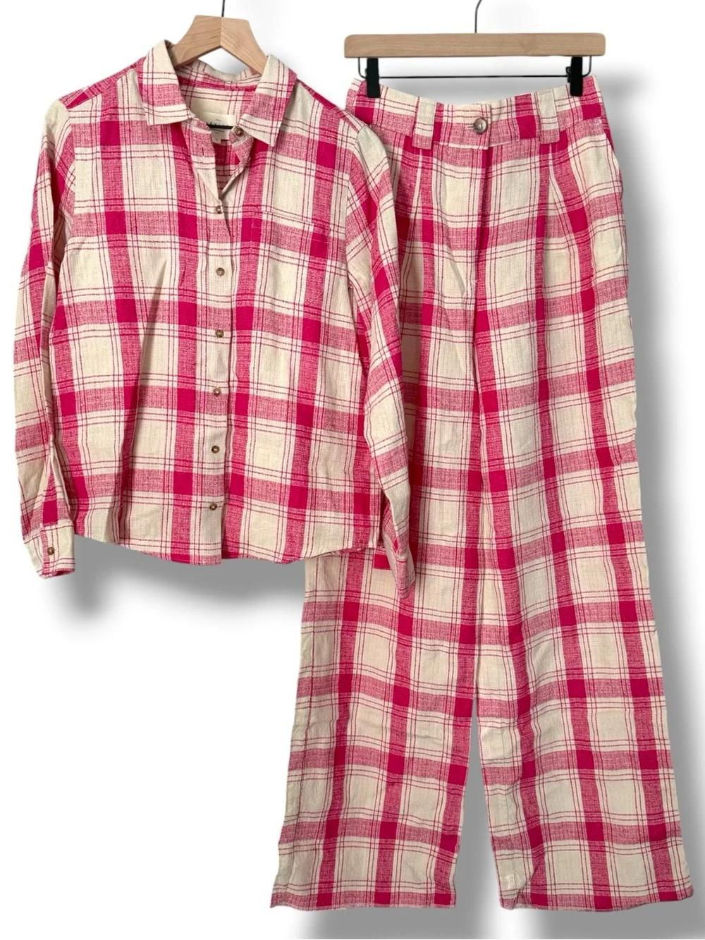 Sezane THÉOPHILE TROUSERS + TOMBOY SHIRT SET Linen In Pink White Check Sz38 US M